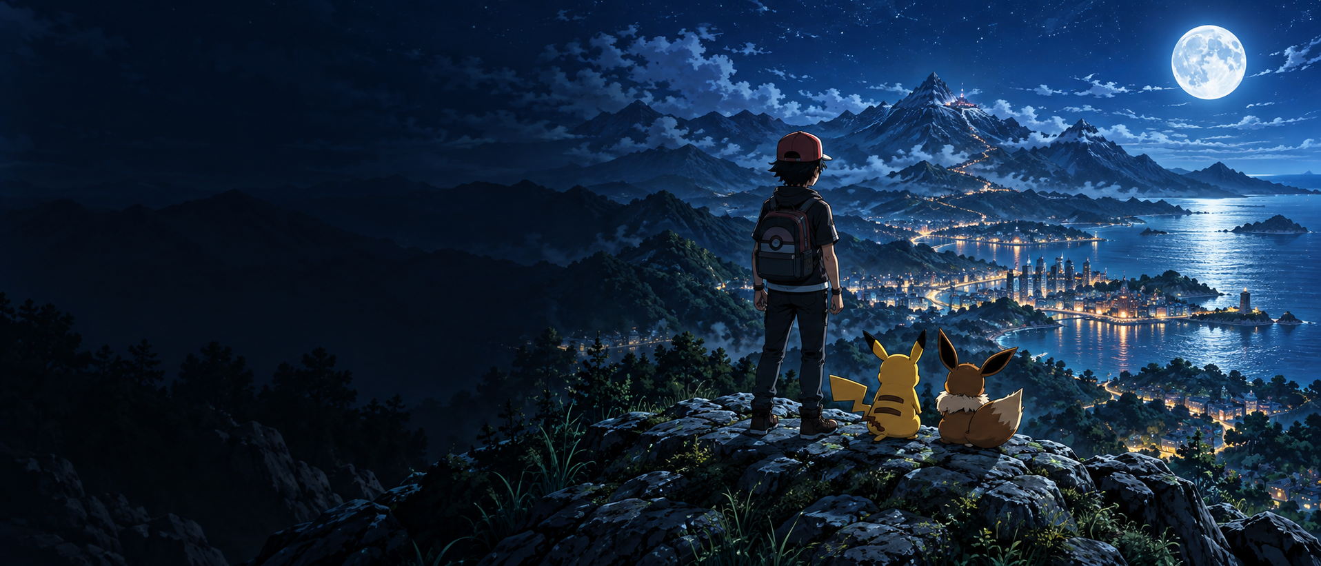 Treinador, Pikachu e Eevee contemplando uma nova jornada