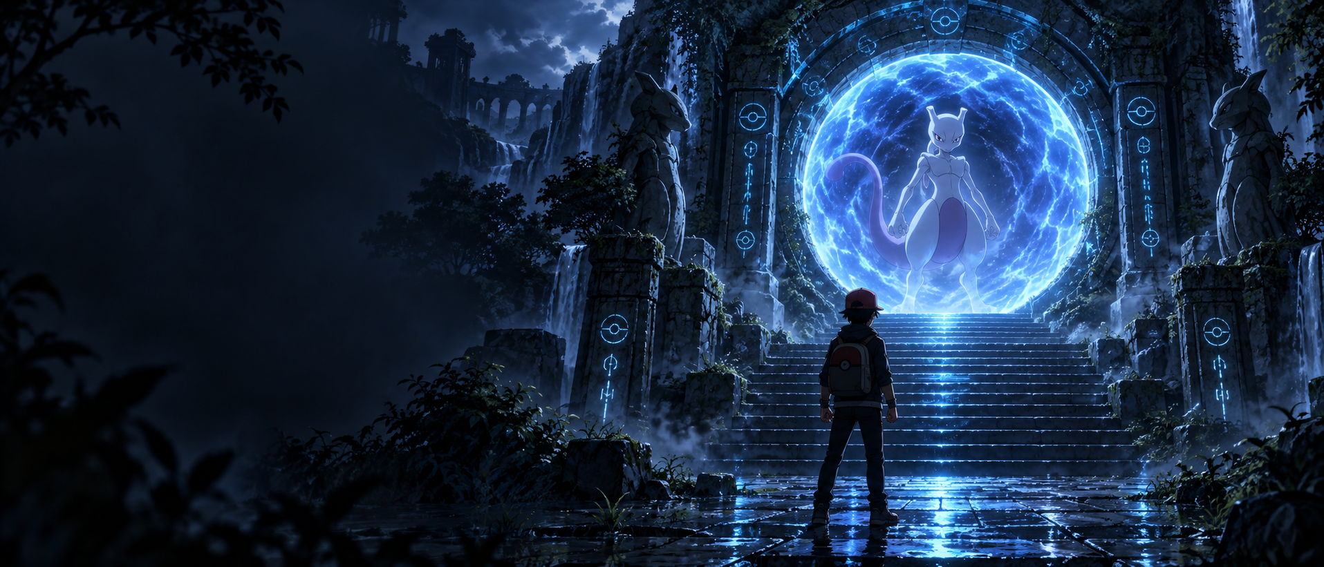 Treinador diante de Mewtwo em um portal azul